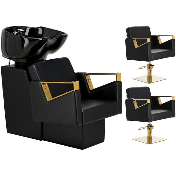 Tomas Gold Set noir lavabo de coiffeur et 2 x chaise de coiffeur tabouret pivotant hydraulique pour salon de coiffure laveuse cuve mobile mitigeur céramique combiné