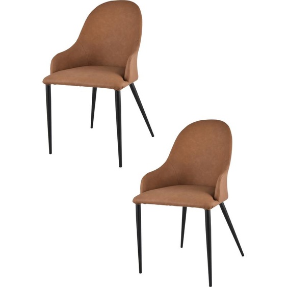 Tommychairs Lot de 2 chaises rembourrées Jessica avec accoudoirs, recouvertes de similicuir marron clair et pieds en fer noir mat
