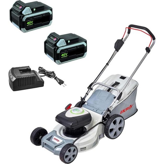 Tondeuse à gazon + 2 Batteries 40V + Chargeur, Coupe Ø43cm, 6 positions - Tondeuse sans fil Mulching Bac 50L Jardin 600 m² IKRA