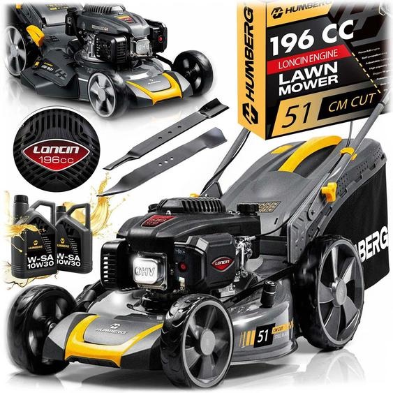 Tondeuse à gazon à essence autotractée, largeur de coupe de 51 cm, cylindrée de 70 cm³, moteur Loncin 196 cm³ + huile Humberg HM-601
