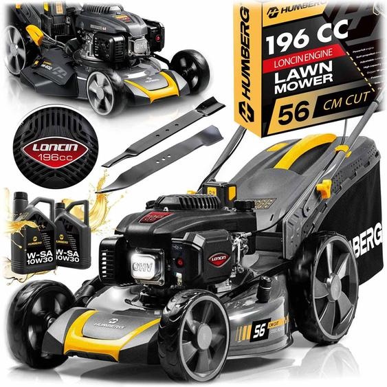 Tondeuse à gazon à essence autotractée, largeur de coupe de 56 cm, cylindrée de 70 cm³, moteur LONCIN 196 cm³ + huile Humberg HM-602
