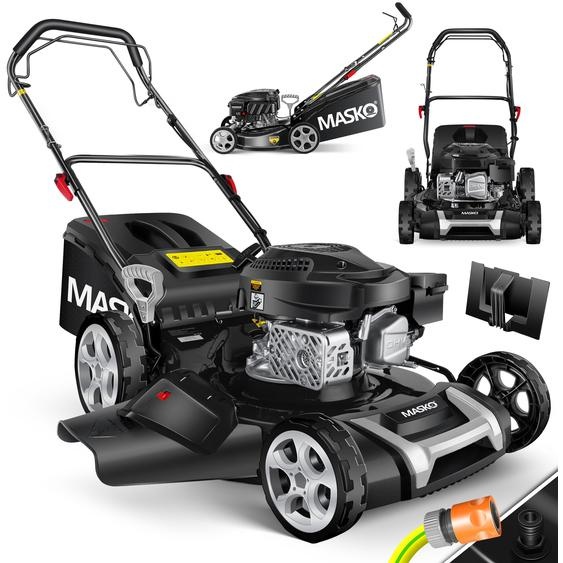 Tondeuse à gazon à essence MASKO® 5 en 1 Entraînement par roues Fonction de nettoyage EasyClean Fonction mulching Éjection latérale Largeur de coupe élevée 8 réglages de hauteur de coupe | Moteur 4 temps | Bac de ramassage inclus
