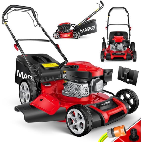 Tondeuse à gazon à essence MASKO® 5 en 1 Entraînement par roues Fonction de nettoyage EasyClean Fonction mulching Éjection latérale Largeur de coupe élevée 8 réglages de hauteur de coupe | Moteur 4 temps | Bac de ramassage inclus
