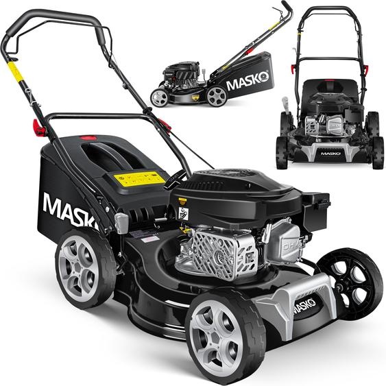 Tondeuse à gazon à essence MASKO® 5 en 1 Entraînement par roues Fonction de nettoyage EasyClean Fonction mulching Éjection latérale Largeur de coupe élevée 8 réglages de hauteur de coupe | Moteur 4 temps | Bac de ramassage inclus