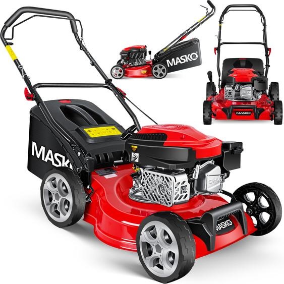 Tondeuse à gazon à essence MASKO® 5 en 1 Entraînement par roues Fonction de nettoyage EasyClean Fonction mulching Éjection latérale Largeur de coupe élevée 8 réglages de hauteur de coupe | Moteur 4 temps | Bac de ramassage inclus