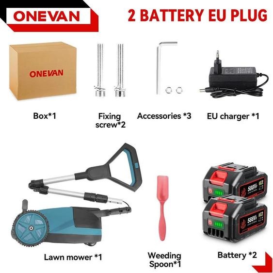 Tondeuse à gazon électrique - Coupe-bordures sans fil - Moteur sans balais 48 000 tr/min - Lot de 2 batteries - Rechargeable - Bleu