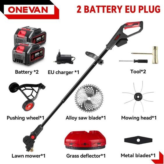 Tondeuse à gazon électrique - Moteur sans balais 4500 W - 38 000 tr/min - Largeur de coupe 25,4 cm - Sans fil 18 V - 2 batteries + chargeur UE - Bleu