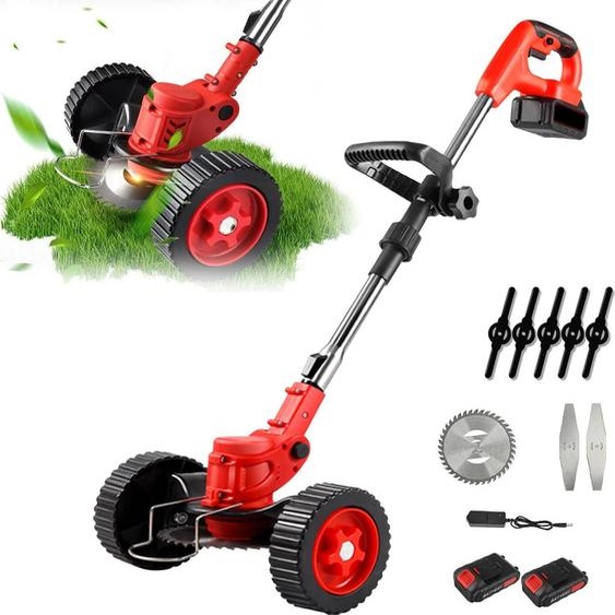 Tondeuse à gazon électrique - Tondeuse à gazon sans fil 650 W - 2 batteries - Pliable - Légère et portable - Poignée réglable - Avec roues - Rouge