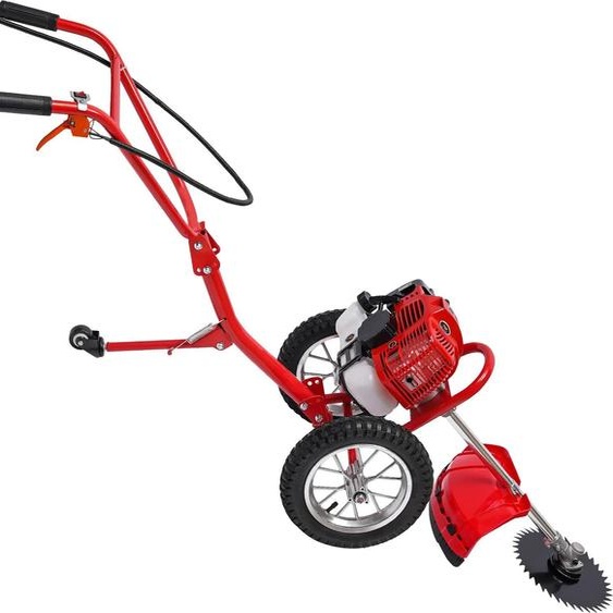 Tondeuse à gazon et motoculteur 2 en 1 - À essence - Deux temps refroidi par air - Puissance 1,8 kW, 6500-7000 tr/min - Largeur de coupe 28 cm - Matériau : fer - Rouge