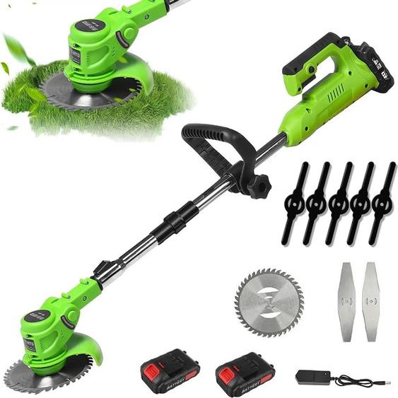 Tondeuse à gazon manuelle, batteries rechargeables, longueur réglable, verte, deux batteries