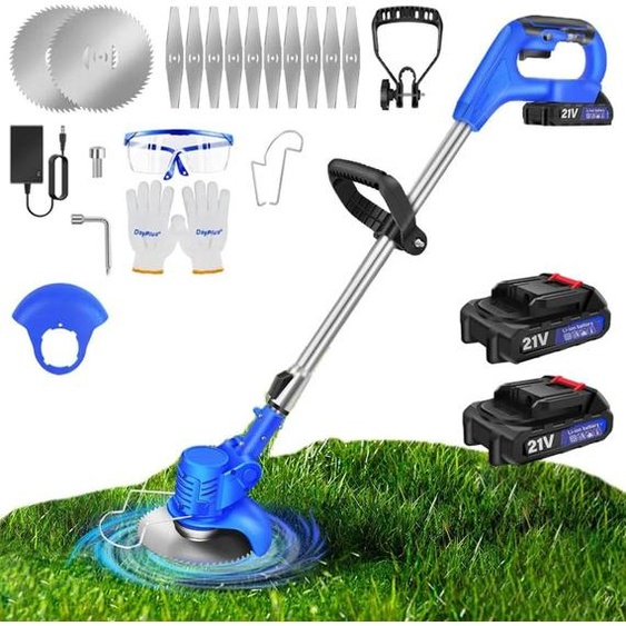 Tondeuse à gazon sans fil - 21 V - Autonomie de 30 à 60 minutes - Tête réglable de 0 à 90° - Boîtier en acier au carbone, poignée en ABS et barre de protection anti-collision - 2 batteries - 17 lames, gants et lunettes de protection