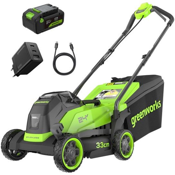 Tondeuse à gazon sans fil Greenworks 24V, diamètre de coupe 33,0 cm, moteur sans balais (à pousser), batterie 4,0 Ah et chargeur inclus