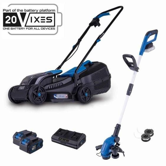 Ensemble SCHEPPACH 20V IXES : Tondeuse à gazon sans fil BC-MP320-X (32 cm) + Coupe-bordures/défense-bordure 2-en-1 C-LT300-X, 2 batteries 4,0 Ah et chargeur