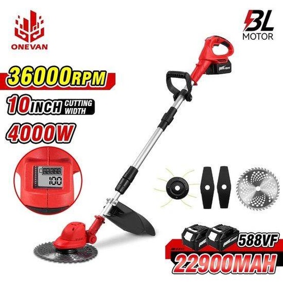 Tondeuse de jardin - Tondeuse à gazon - Avec 2 batteries et chargeur - Désherbage - Tondeuse à gazon - Tondeuse à bascule - Rouge