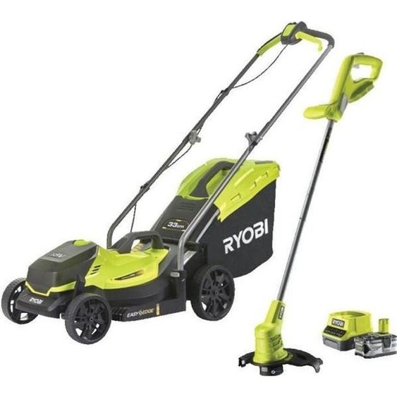 Tondeuse sans fil RYOBI One+ RLM18X33B40, 18V, 33cm coupe, 1 batterie 4Ah et chargeur inclus + Coupe-bordure OLT1825M