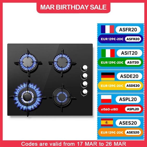 TopStrong 4 brûleurs 60 cm verre céramique cuisinière intégrée gaz naturel propane table de cuisson