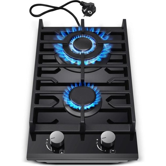 TopStrong Plaque de cuisson à gaz à 2 brûleurs certifiée UE 30 cm en verre trempé     Encasquette avec support en fonte double carburant (NG/GLP) 5200 W en cas de panne de flamme noir