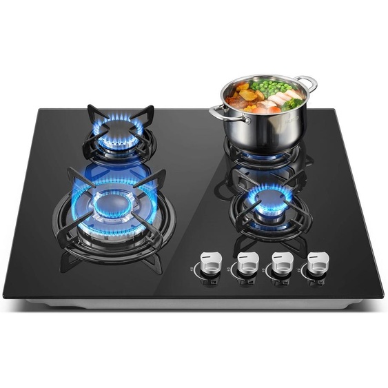 TopStrong Table de cuisson à gaz encastrable 60 cm 4 brûleurs     Thermocouple automatique et verrou de sécurité     Table de cuisson à 4 zones en verre trempé 8060W avec allumage automatique