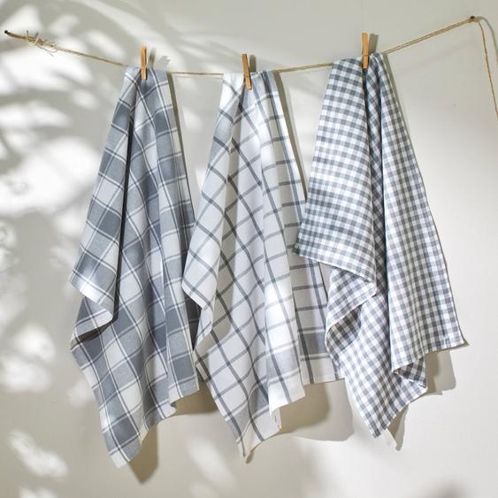 Torchon Carreaux Coton Tissé Teint - Lot De 3 -
