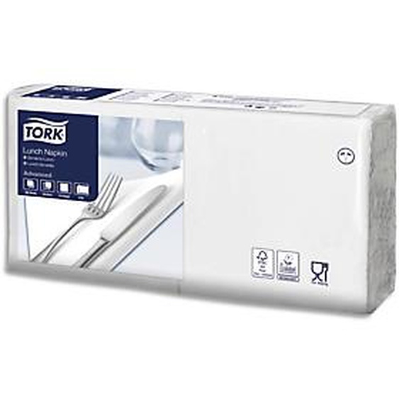 TORK Paquet de 200 Serviettes LunchNap Blanches 2 plis - Format : 33 x 33 cm Ecolabel