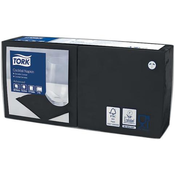 Serviettes cocktail en papier Tork, coloris noir, le colis de 200