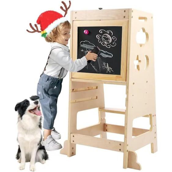 Tour dapprentissage Enfant,Tour Bébé avec 2 Tableau Réinscriptible,Aide de Cuisine,3 Hauteurs Réglables Barres de sécurité Pieds Anti-Bascule Bois