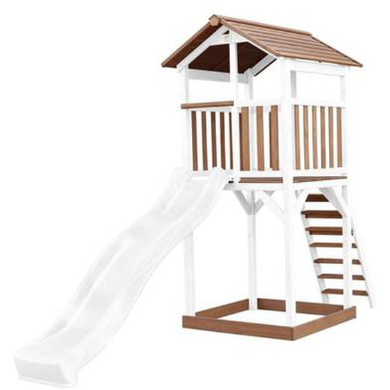 Tour de jeu en bois blanc et marron et toboggan bleu