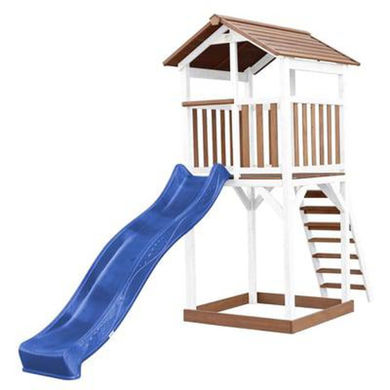 Tour de jeu en bois blanc et marron et toboggan bleu