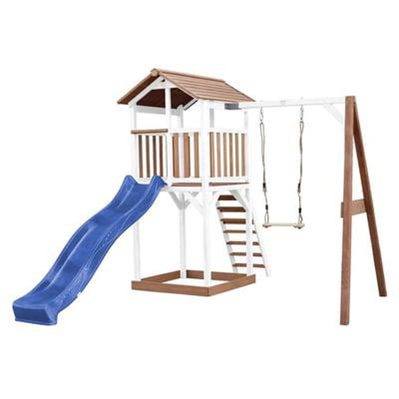 Tour de jeu en bois blanc et marron, toboggan bleu et balançoire
