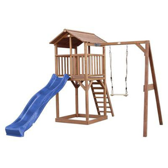 Tour de jeu en bois marron avec grand toboggan bleu et balançoire