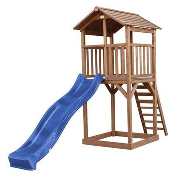 Tour de jeu en bois marron avec grand toboggan gris