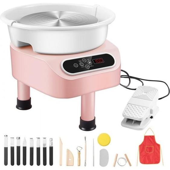 Tour de potier machine céramique - 350W - 25cm - fonctionnement à pédale - rose - avec 3 pieds de support - idéal pour les débutants et les professionnels