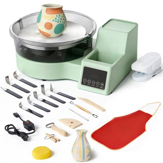 Tour de potier - Tour de potier électrique - Moteur puissant de 450 W - Plateau tournant en aluminium de 28 cm - Pédale - Réglage en continu de 30 à 300 tr/min - Boîtier en PP - Pour débutants - Vert