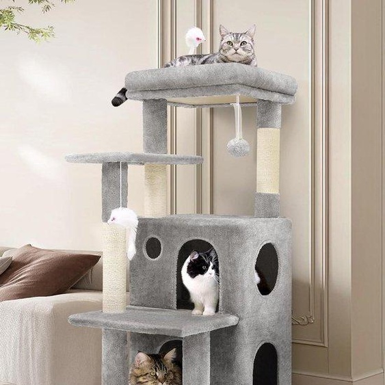 Tour descalade pour chats de toutes tailles, avec 2 grandes cages, des parois descalade recouvertes de sisal, des jouets moelleux et des plateformes solides, gris clair, hauteur 127 cm (FC50)