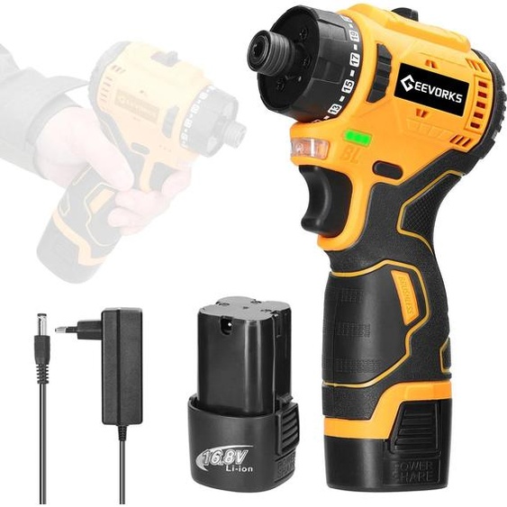 Tournevis électrique - Visseuse/perceuse sans fil - Type A - 55 Nm - 16,8 V - Moteur sans balais - 1500 tr/min - Batterie incluse - Or