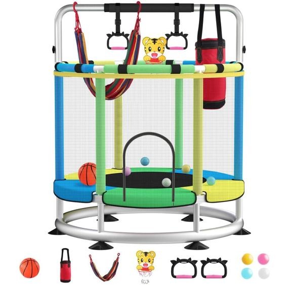 Trampoline pour enfants Ø150cm avec Cadre en Acier, Main courante en anneau, Anneaux suspendus, Hamac - Trampoline Multi-fonctions