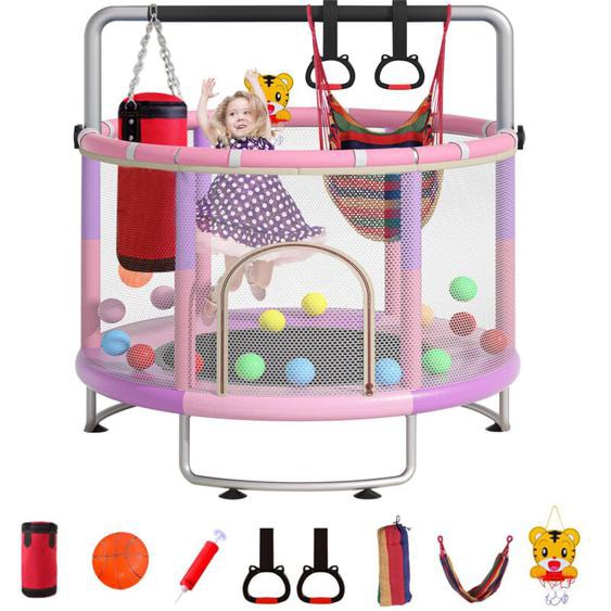 Magicfox - Trampoline pour enfants Ø150cm Multi-fonctions avec Panier de basket-ball, Main courante en anneau, Hamac, Anneaux suspendus -Rose