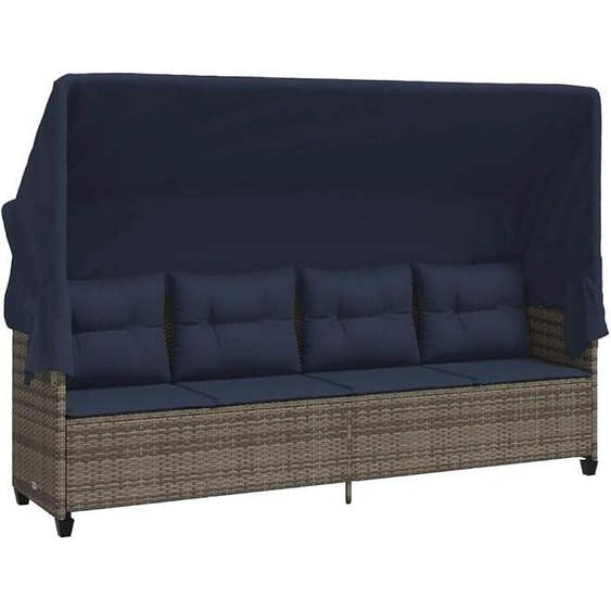 Transat avec toit et coussin, en résine tressée grise, idéal pour lextérieur, pour jardin, balcon et terrasse. Dimensions : 204 x 75 x 140 cm