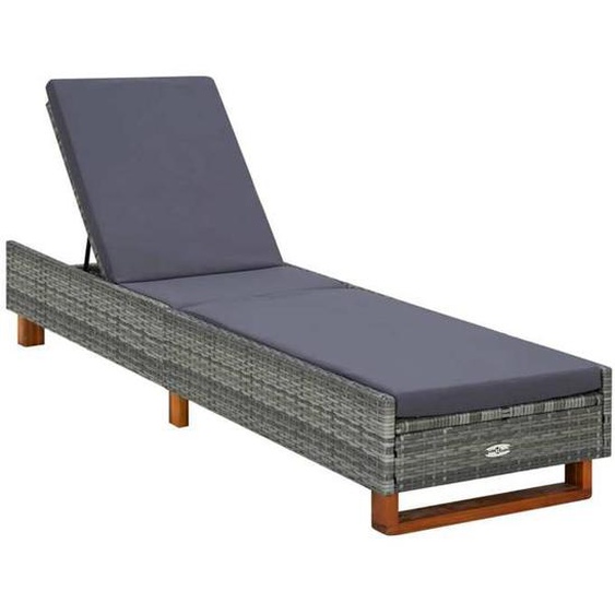 Transat bain de soleil - Résine tressée - Gris - Dossier réglable - Coussin rembourré - Acier durable