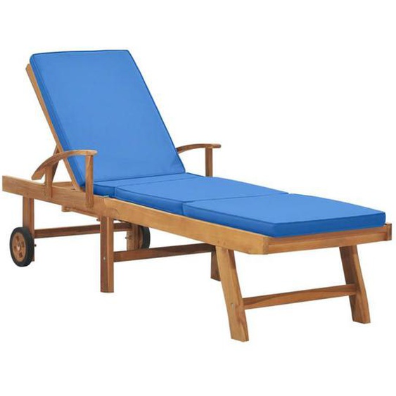 Transat chaise longue - Teck - Bleu - Dossier réglable - Repose-pieds ajustable - Table coulissante