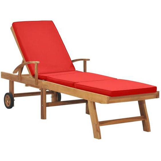 Transat chaise longue - Teck - Rouge - Dossier réglable - Repose-pieds ajustable - Table coulissante