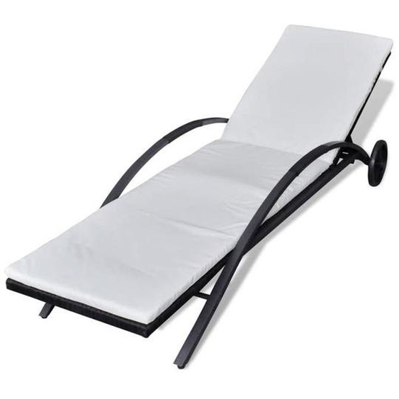 Transat chaise longue bain de soleil lit de jardin terrasse meuble d exterieur avec coussin et roues resine tressee noir