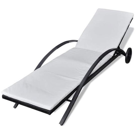 Transat - Meuble de jardin - Chaise longue en résine tressée - Noir - Coussin amovible - Roulettes