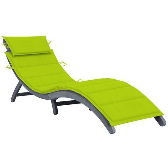 Transat chaise longue bain de soleil lit de jardin terrasse meuble d exterieur avec coussin gris bois d acacia solide