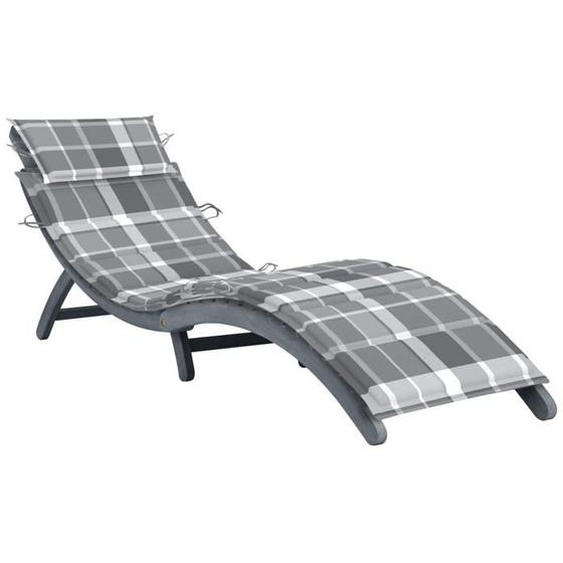 Transat chaise longue bain de soleil lit de jardin terrasse meuble d exterieur avec coussin gris bois d acacia solide