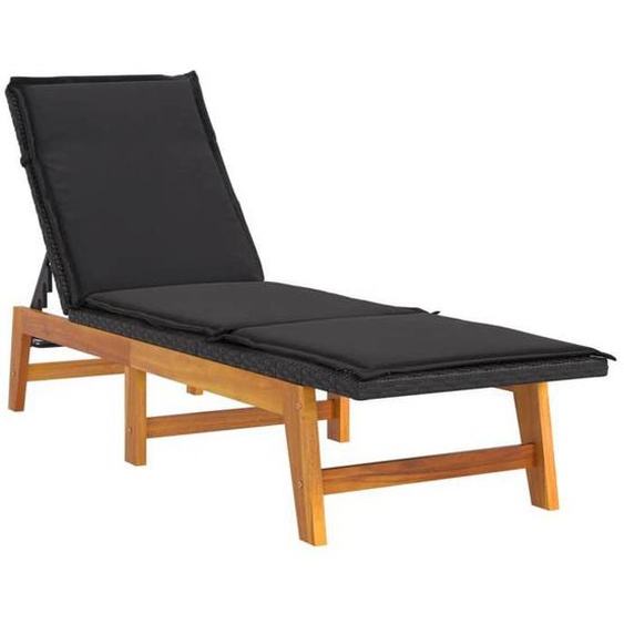 Transat chaise longue bain de soleil lit de jardin terrasse meuble d exterieur avec coussin resine tressee/bois massif d