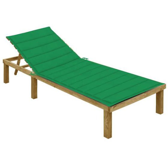Transat chaise longue bain de soleil lit de jardin terrasse meuble d exterieur avec coussin vert bois de pin impregne