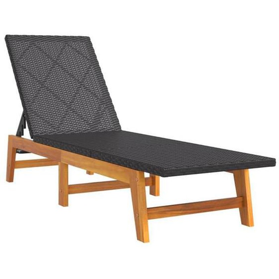 Transat chaise longue - Meuble de jardin - Noir/Marron - Bois dacacia - Résine tressée - Dossier réglable