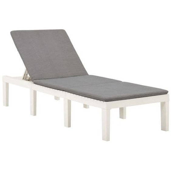 Transat chaise longue - Meuble de jardin - Plastique - Dossier réglable - Coussin confortable - Blanc