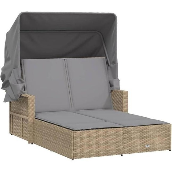 Transat double avec toit et coussins, transat en résine tressée pour 2 personnes, lit de jardin réglable, coin soleil pour jardin et terrasse, couleur beige et gris clair